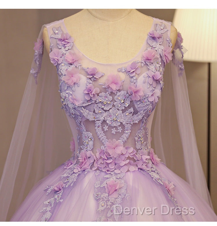 Charming Lavender Tulle Flowers Long Prom Dresses, Sweet 16 Gowns