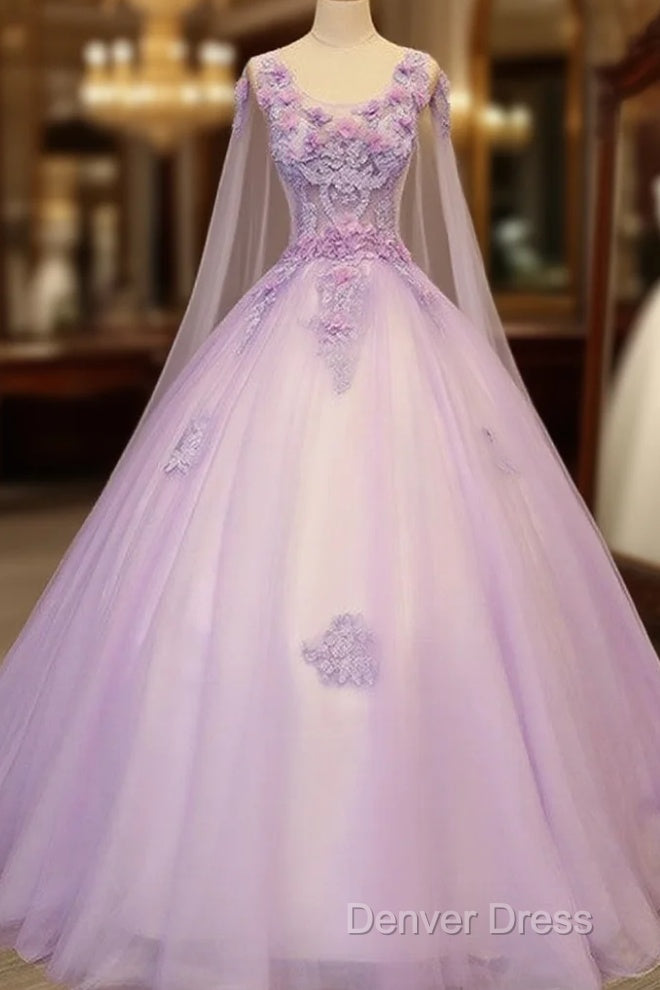 Charming Lavender Tulle Flowers Long Prom Dresses, Sweet 16 Gowns Main image