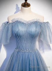 Charming Light Blue Tulle Puffy Sleeves Floor Length Party Dress A-Line Pricess Gowns Prom Dress Sparkly