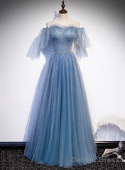 Charming Light Blue Tulle Puffy Sleeves Floor Length Party Dress A-Line Pricess Gowns Prom Dress Sparkly