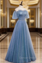 Charming Light Blue Tulle Puffy Sleeves Floor Length Prom Dress, Blue A Line Pricess Gown Prom Dresses