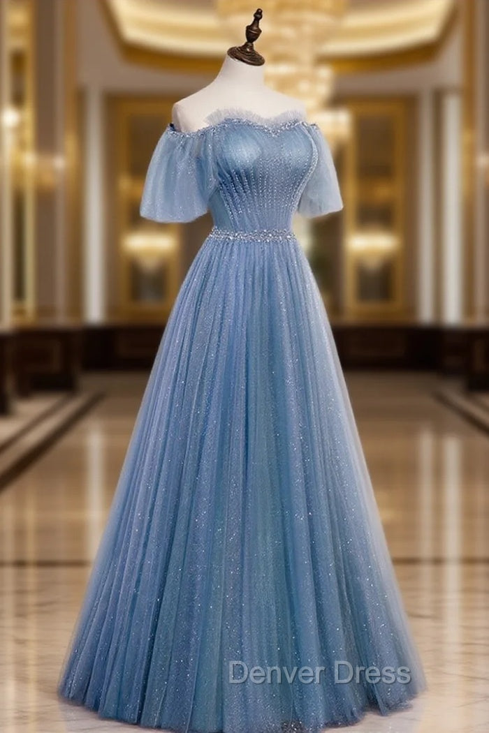 Charming Light Blue Tulle Puffy Sleeves Floor Length Prom Dress, Blue A Line Pricess Gown Prom Dresses