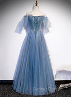 Charming Light Blue Tulle Puffy Sleeves Floor Length Party Dresses, Blue A-line Pricess Gowns Prom Dresses