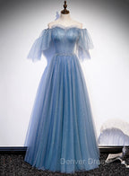 Charming Light Blue Tulle Puffy Sleeves Floor Length Party Dresses, Blue A-line Pricess Gowns Prom Dresses
