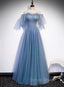 Charming Light Blue Tulle Puffy Sleeves Floor Length Party Dresses, Blue A-line Pricess Gowns Prom Dresses