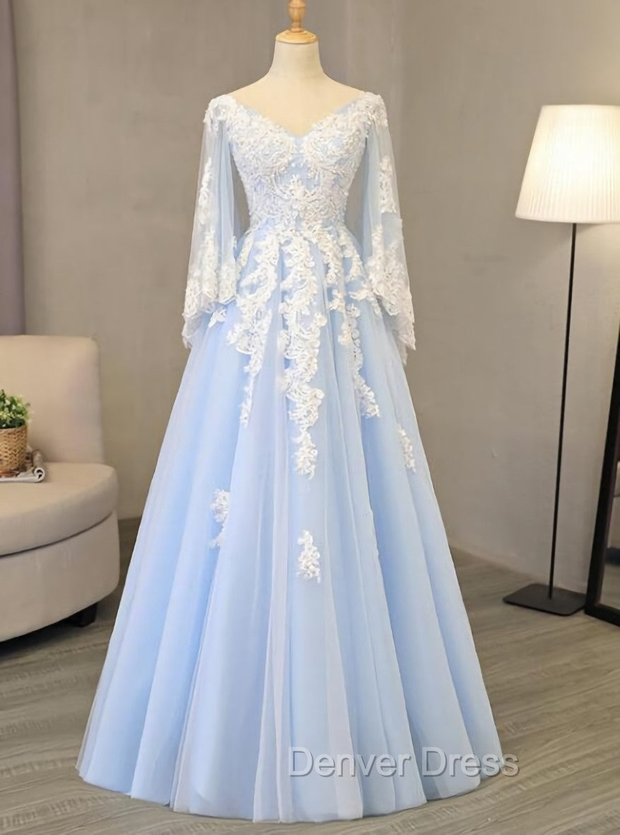 Charming Light Blue Tulle V-neckline Long Party Dresses, Prom Dresses Secondary image