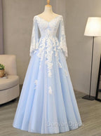 Charming Light Blue Tulle V-neckline Long Party Dresses, Prom Dresses