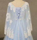 Charming Light Blue Tulle V-neckline Long Party Dresses, Prom Dresses