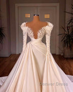 Charming Long A Line Cathedral V Neck Satin Lace Wedding Dresses With Sleeves