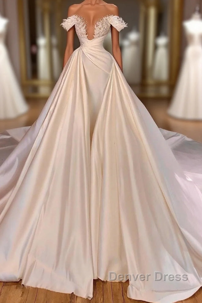 Charming Long A-line Off-the-shoulder Cathedral V-neck Satin Lace Wedding Dresses Main image