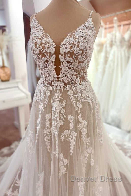 Charming Long A-Line Spaghetti Straps Appliques Lace Tulle Backless Wedding Dresses Secondary image