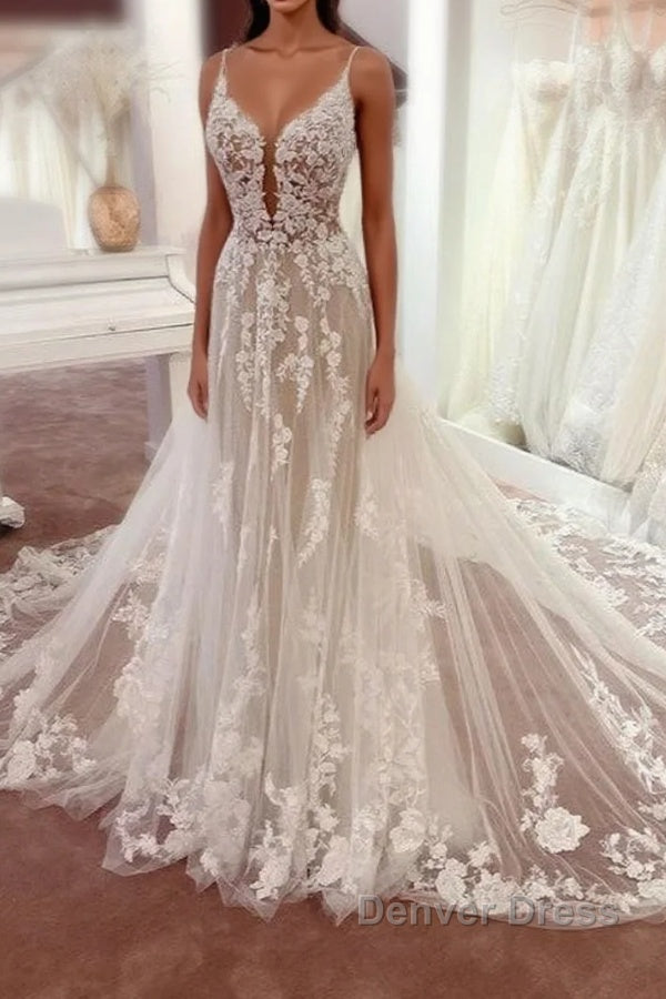 Charming Long A-Line Spaghetti Straps Appliques Lace Tulle Backless Wedding Dresses Main image