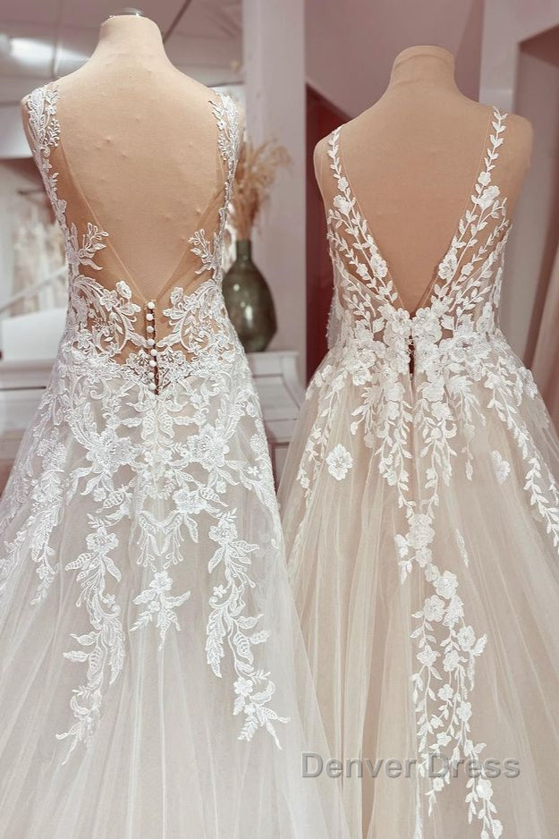 Charming Long A-Line V-neck Appliques Lace Tulle Wedding Dresses