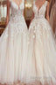 Charming Long A-Line V-neck Appliques Lace Tulle Wedding Dresses