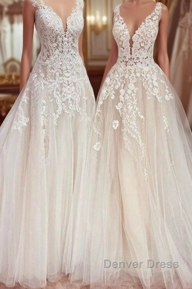 Charming Long A Line V Neck Appliques Lace Tulle Wedding Dresses Main image