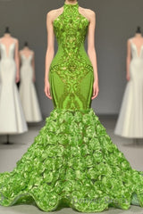 Charming Long Mermaid Halter Satin Lace Backless Prom Dresses