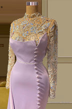 Charming Long Mermaid High Neck Lace Beading Evening Prom Dresses With Long Sleeves