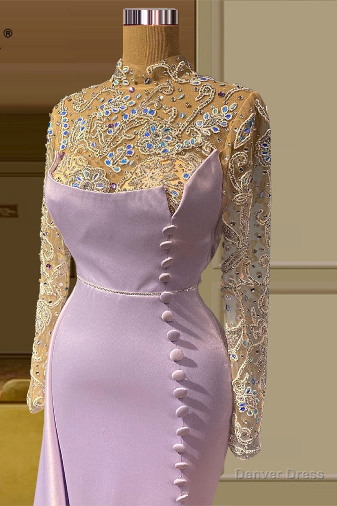 Charming Long Mermaid High Neck Lace Beading Prom Dresses With Long Sleeves