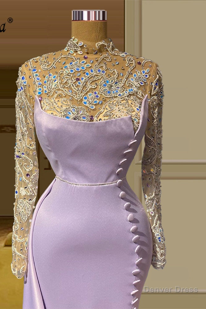 Charming Long Mermaid High Neck Lace Beading Prom Dresses With Long Sleeves