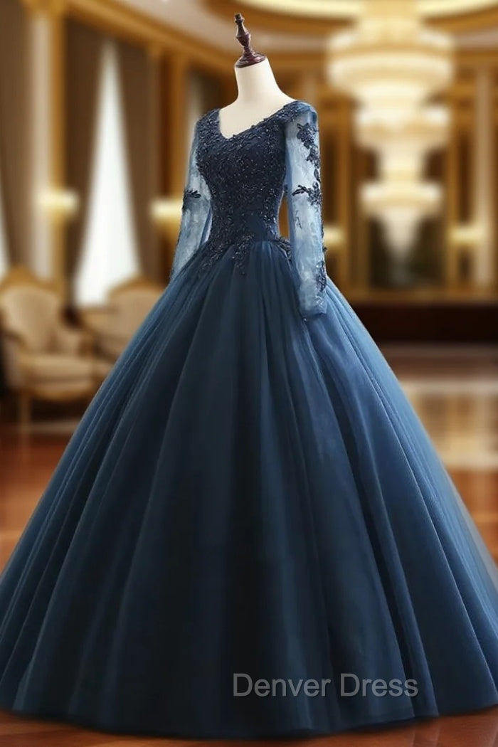 Charming Long Sleeves Navy Blue Tulle Party Gown, Navy Blue Prom Dresses