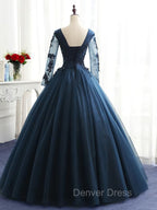 Charming Long Sleeves Navy Blue Tulle Party Gown, Navy Blue Prom Dresses