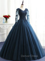 Charming Long Sleeves Navy Blue Tulle Prom Gowns, Navy Blue Prom Dresses