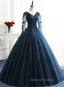 Charming Long Sleeves Navy Blue Tulle Prom Gowns, Navy Blue Prom Dresses