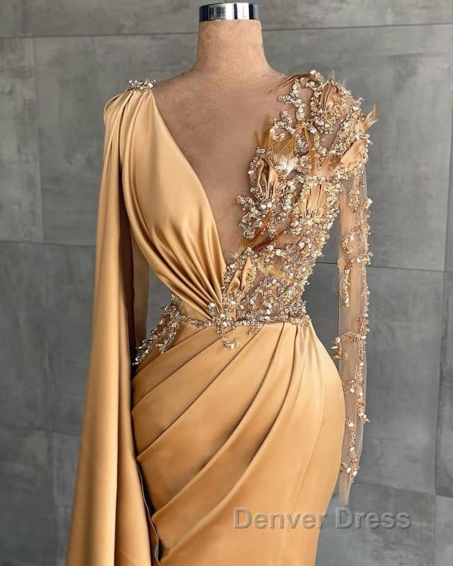 Charming Long Sleeves V Neck Mermaid Long Prom Dresses With Side Train