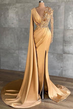 Charming Long Sleeves V Neck Mermaid Long Prom Dresses With Side Train