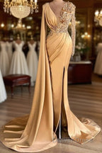 Charming Long Sleeves V Neck Mermaid Long Prom Dresses With Side Train