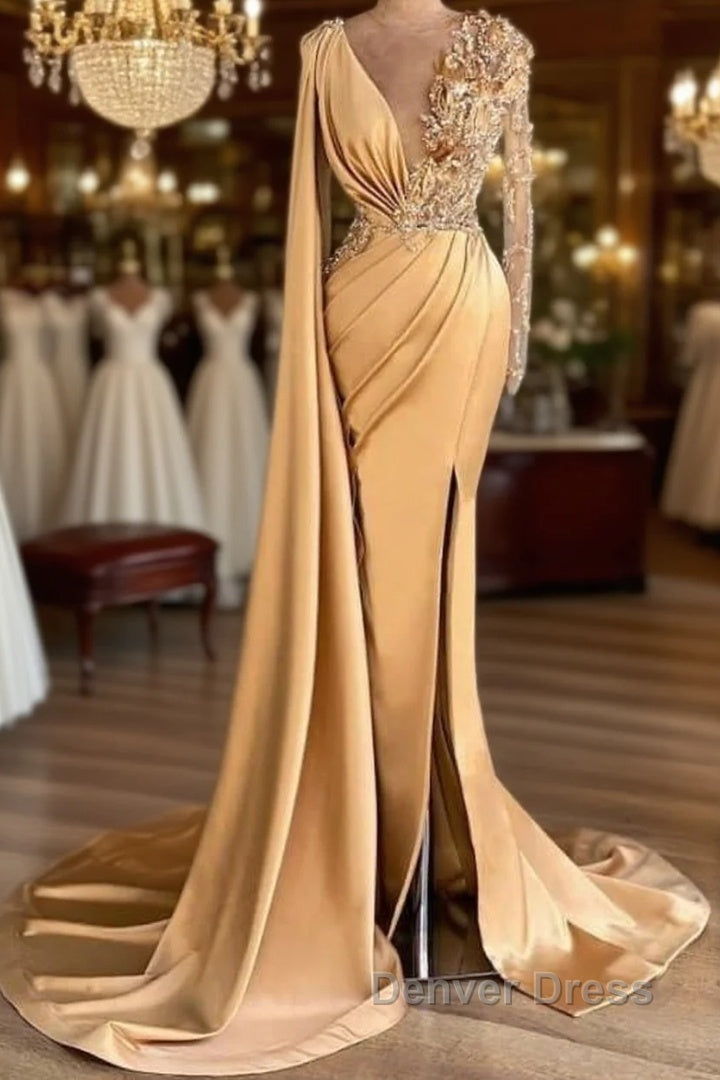 Charming Long Sleeves V Neck Mermaid Long Prom Dresses With Side Train