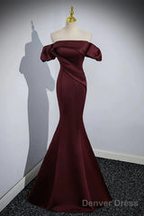 Charming Maroon Satin Mermaid Off Shoulder Prom Dress, Maroon Party Dress