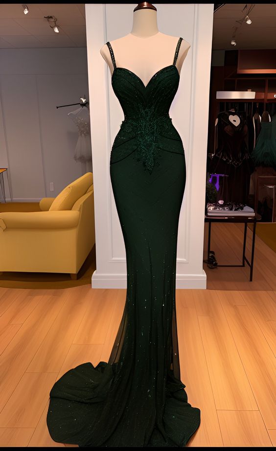 Charming Mermaid Spaghetti Straps Lace Dark Green Prom Dresses Long Prom Dresses