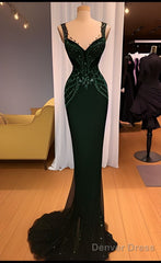 Charming Mermaid Straps Dark Green Sequin Prom Dress Long Prom Dresses
