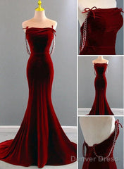 Charming Mermaid Wine Red Long Velvet Evening Dress, Wine Red Long Party Dress