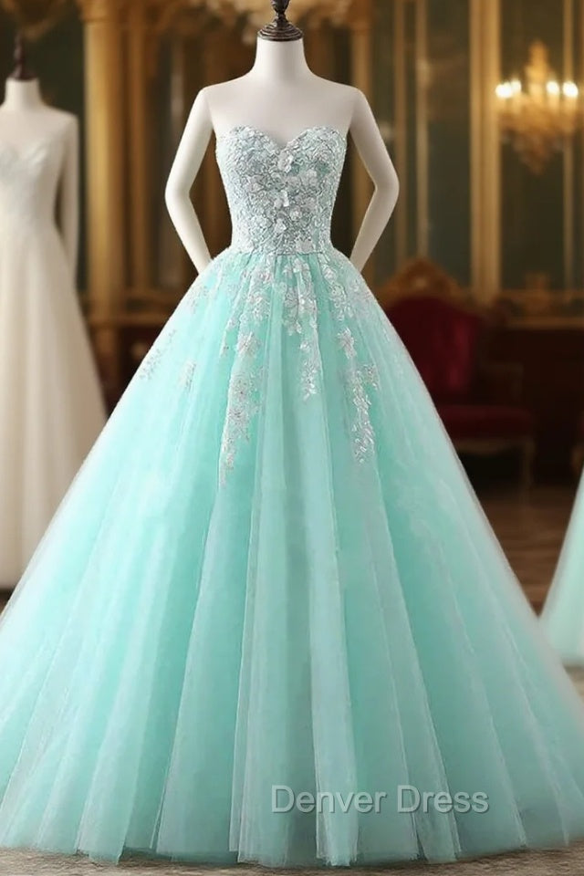 Charming Mint Green Tulle Ball Gown Sweet 16 Dresses, Lace Applique Prom Dresses Secondary image