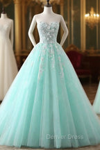 Charming Mint Green Tulle Ball Gown Sweet 16 Dresses, Lace Applique Prom Dresses