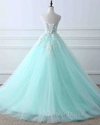 Charming Mint Green Tulle Ball Gown Sweet 16 Dresses, Lace Applique Prom Dresses