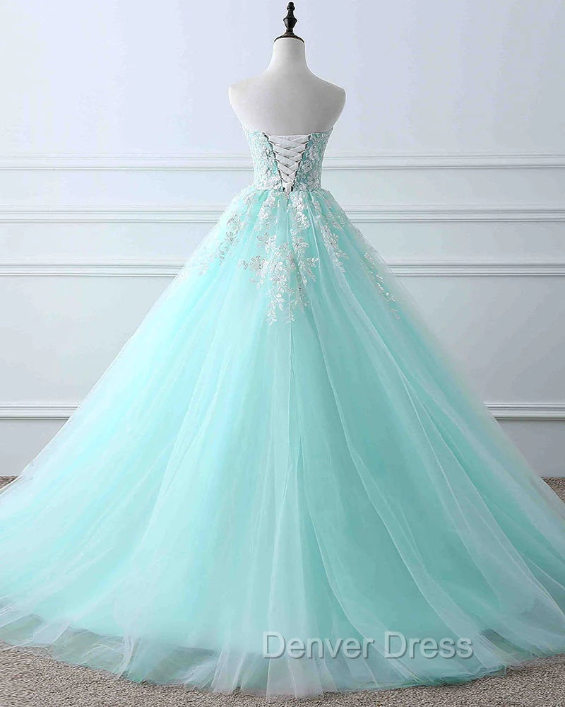 Charming Mint Green Tulle Ball Gown Sweet 16 Dresses, Lace Applique Prom Dresses
