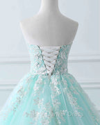 Charming Mint Green Tulle Ball Gown Sweet 16 Dresses, Lace Applique Prom Dresses