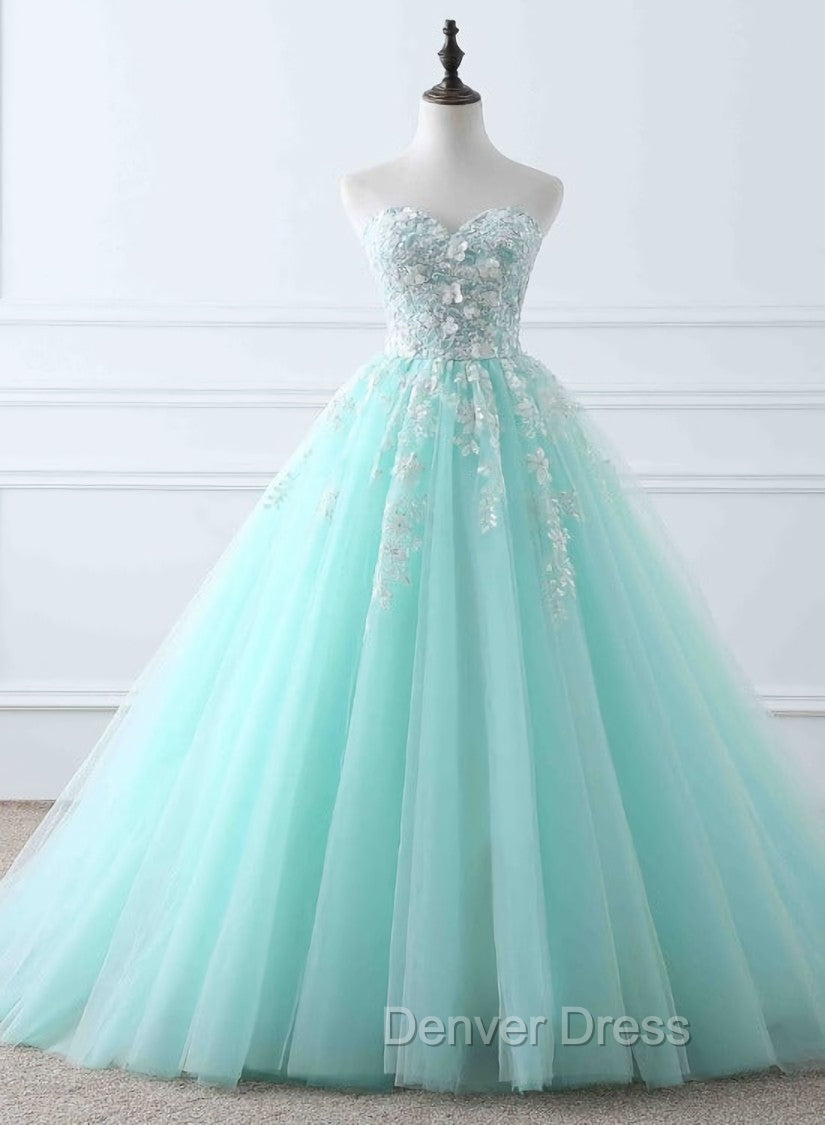 Charming Mint Green Tulle Ball Gown Sweet 16 Dresses, Lace Applique Prom Dresses Main image
