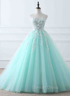 Charming Mint Green Tulle Ball Gowns Sweet 16 Dress, Lace Applique Prom Dresses