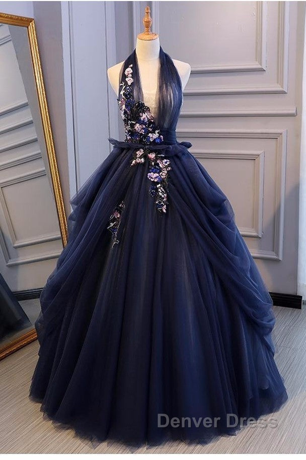 Charming Navy Blue Halter Tulle Prom Dresses With Flower Applique, Blue Gowns Secondary image