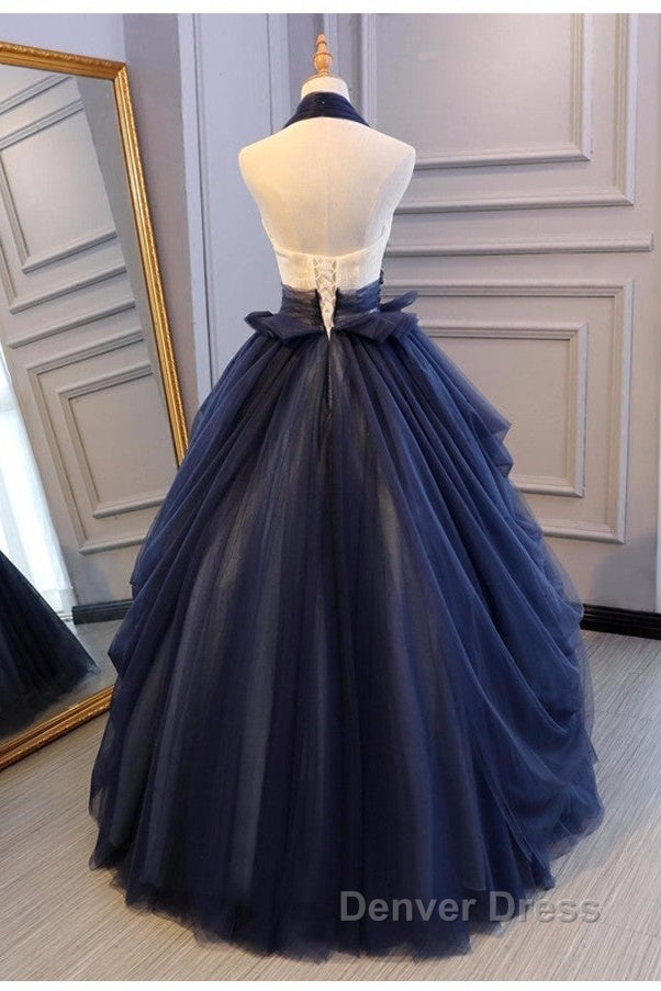 Charming Navy Blue Halter Tulle Prom Dresses With Flower Applique, Blue Gowns