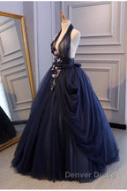 Charming Navy Blue Halter Tulle Prom Dresses With Flower Applique, Blue Gowns