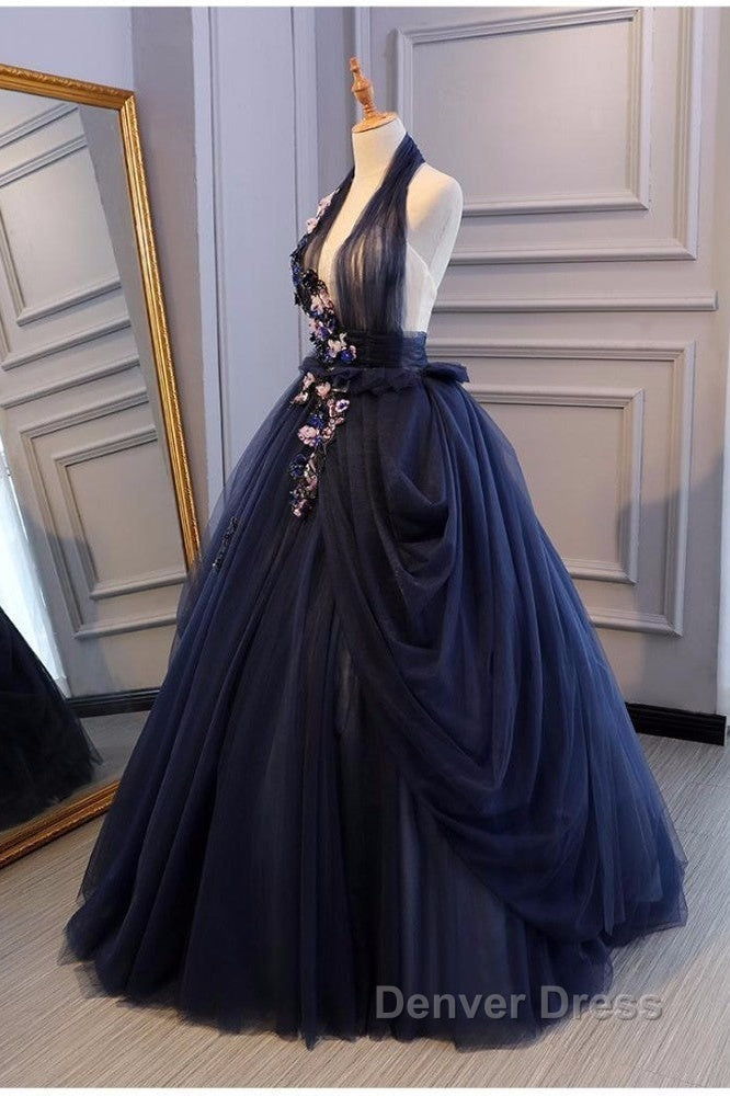 Charming Navy Blue Halter Tulle Prom Dresses With Flower Applique, Blue Gowns