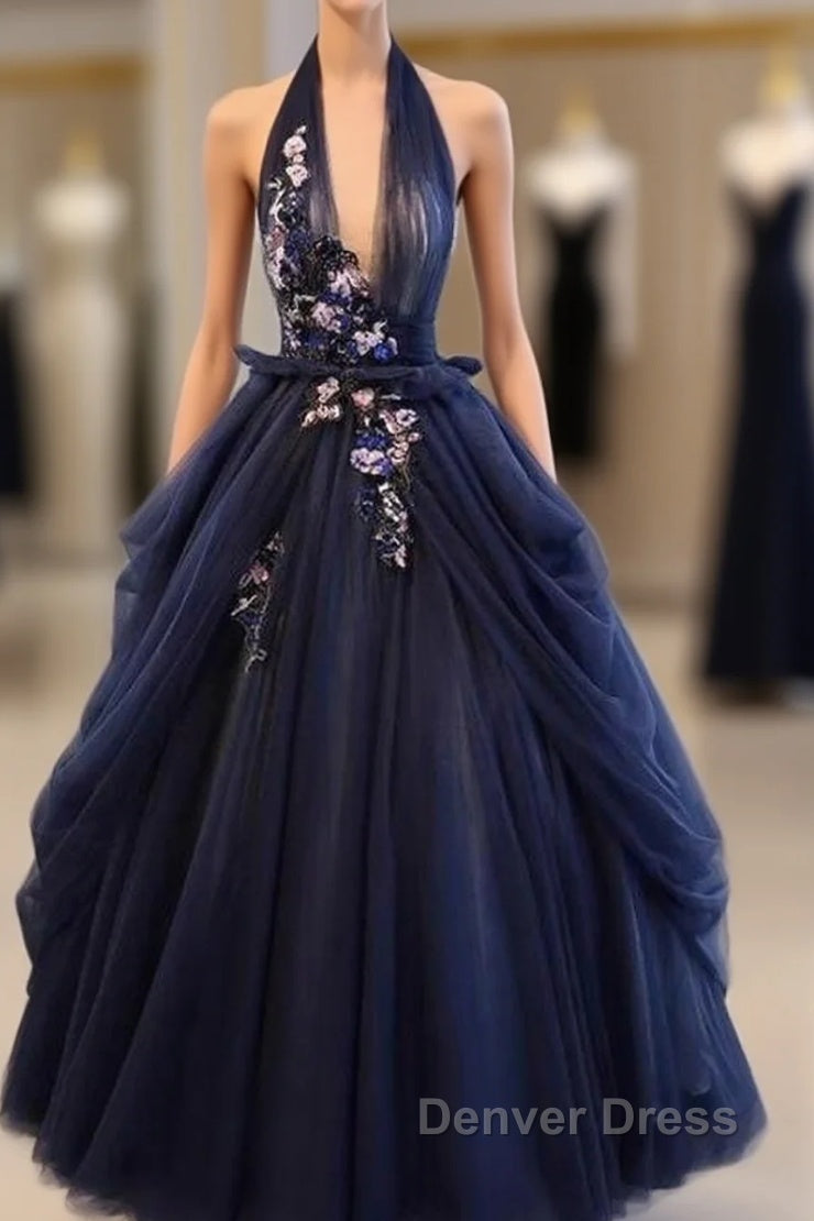 Charming Navy Blue Halter Tulle Prom Dresses With Flower Applique, Blue Gowns