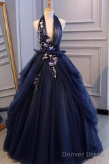 Charming Navy Blue Halter Tulle Party Dress With Flower Applique, Blue Gown