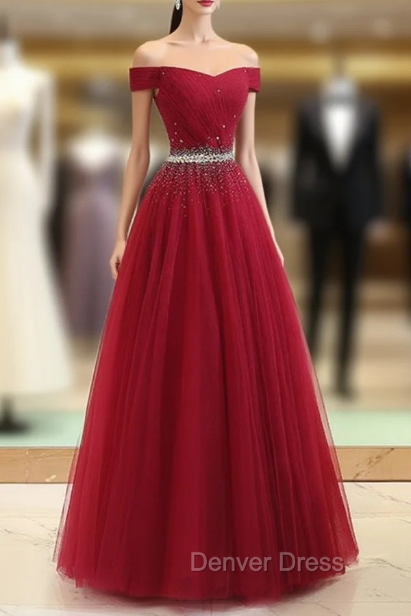 Charming Navy Blue Off Shoulder Floor Length Beaded Prom Dress