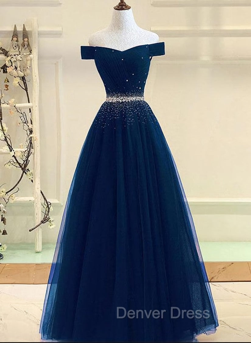 Charming Navy Blue Off Shoulder Floor Length Beaded Party Dresses, Party Dresses Main image